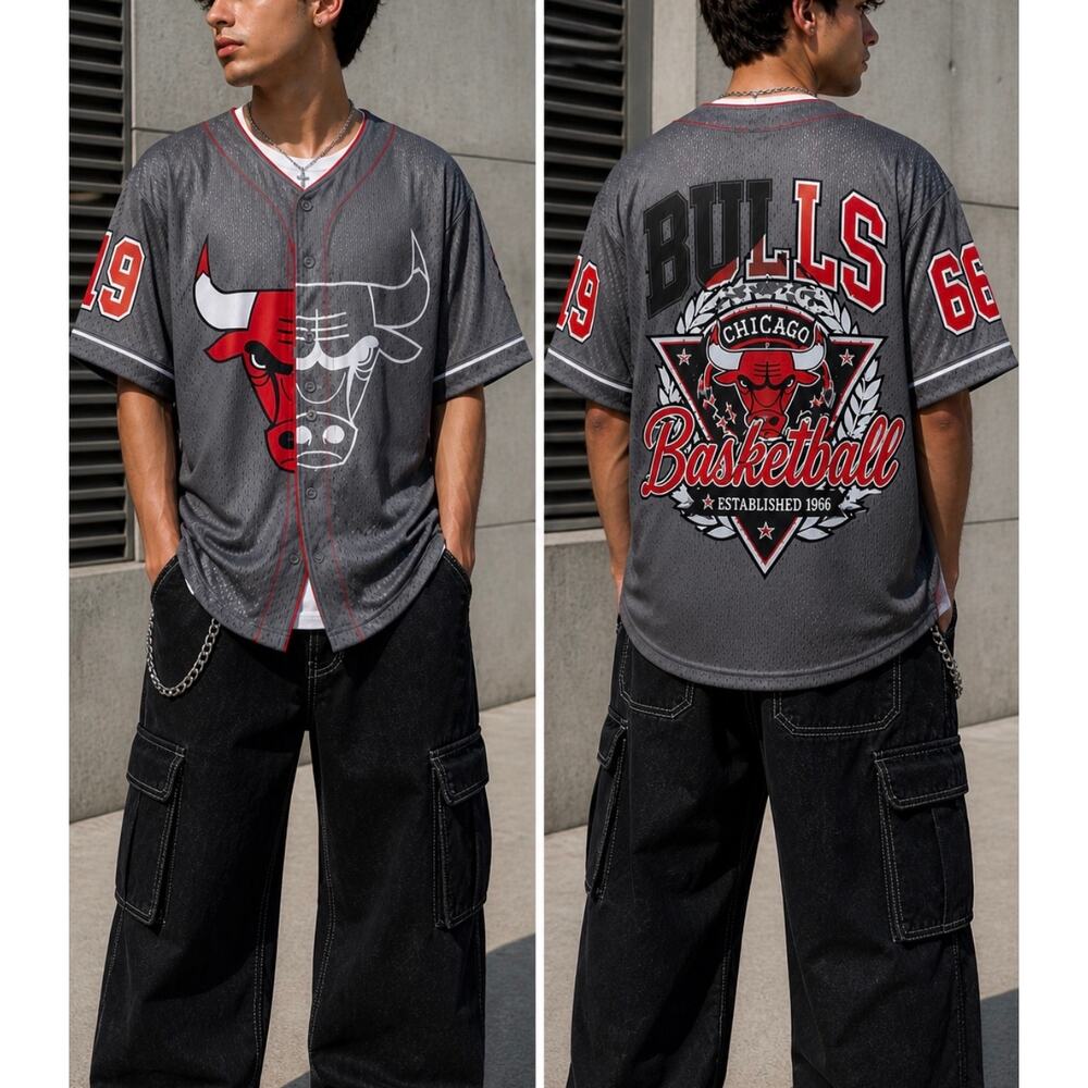 Chicago Bulls Split Logo Button-Up Jersey Gray Red NBA Streetwear Shirt sport XL